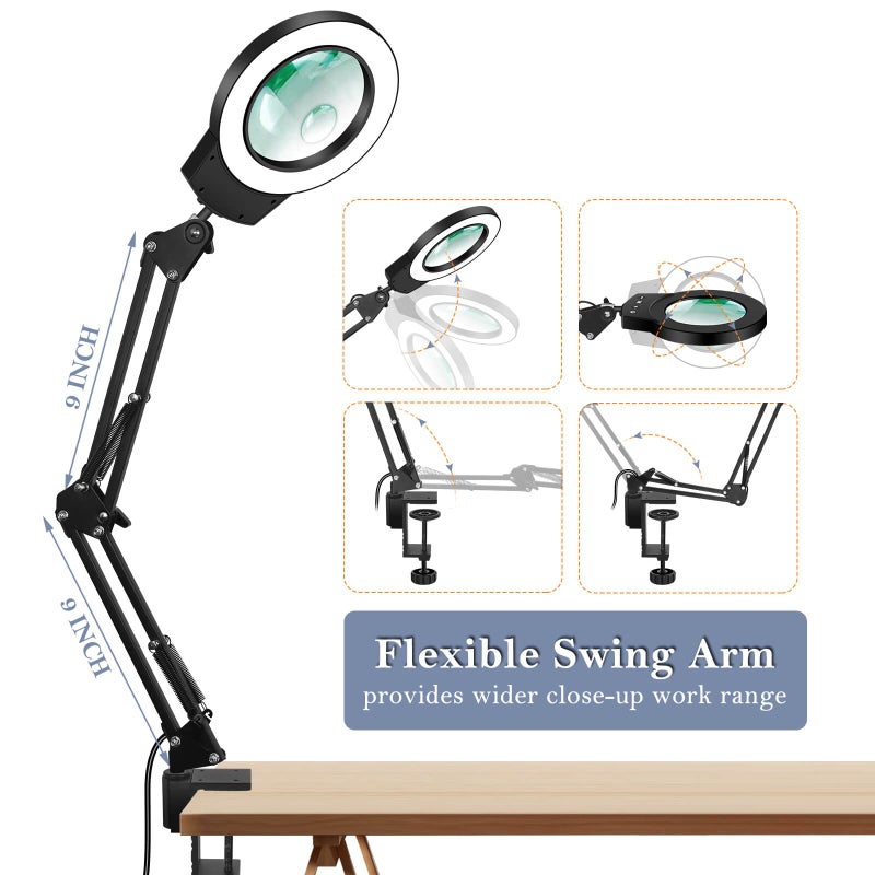 NOEVSBIG Magnifying Glass Light Clamp Desktop Lamp Stand Desk Table Close Work Up for Crafting, Model Assembly, Reading, Sewing, Jewelry Making, 10X-5X HD Magnifier 50 illumination Options for Elderly - Image 2